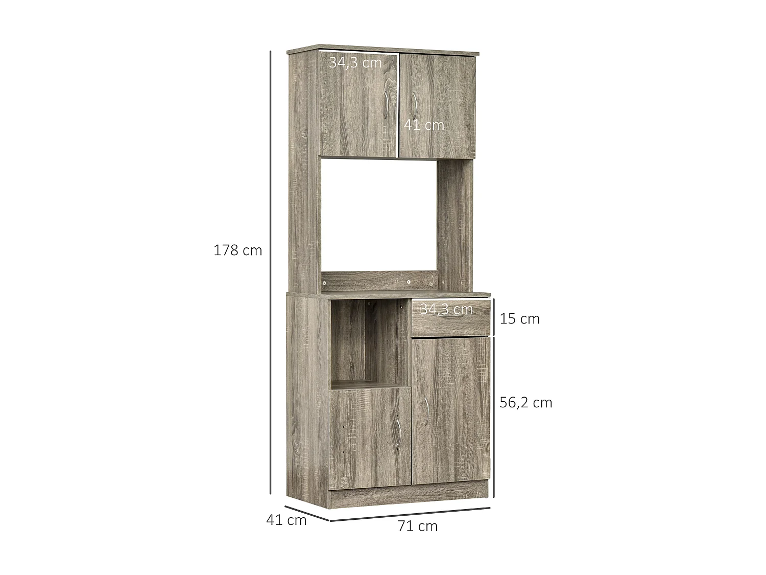 HOMCOM Armoire de cuisine multi-rangements 3 placards 2 niches tiroir panneaux particules classe E1 aspect chêne gris