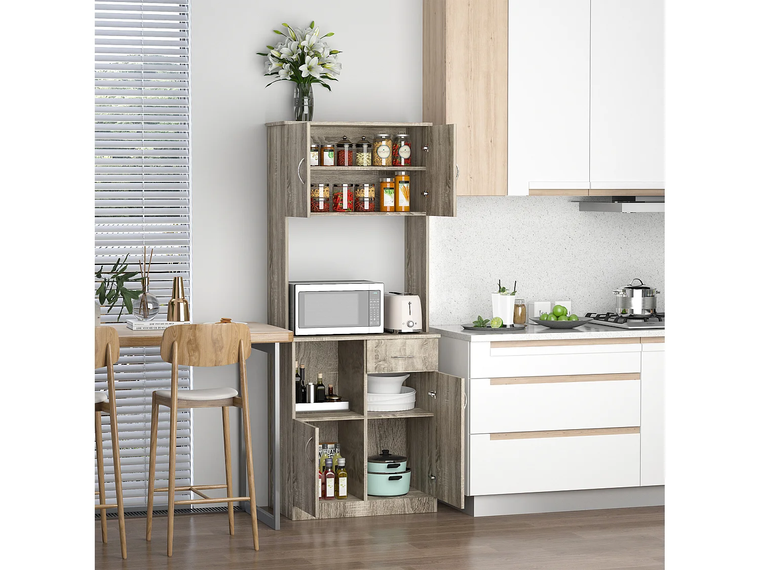 HOMCOM Armoire de cuisine multi-rangements 3 placards 2 niches tiroir panneaux particules classe E1 aspect chêne gris