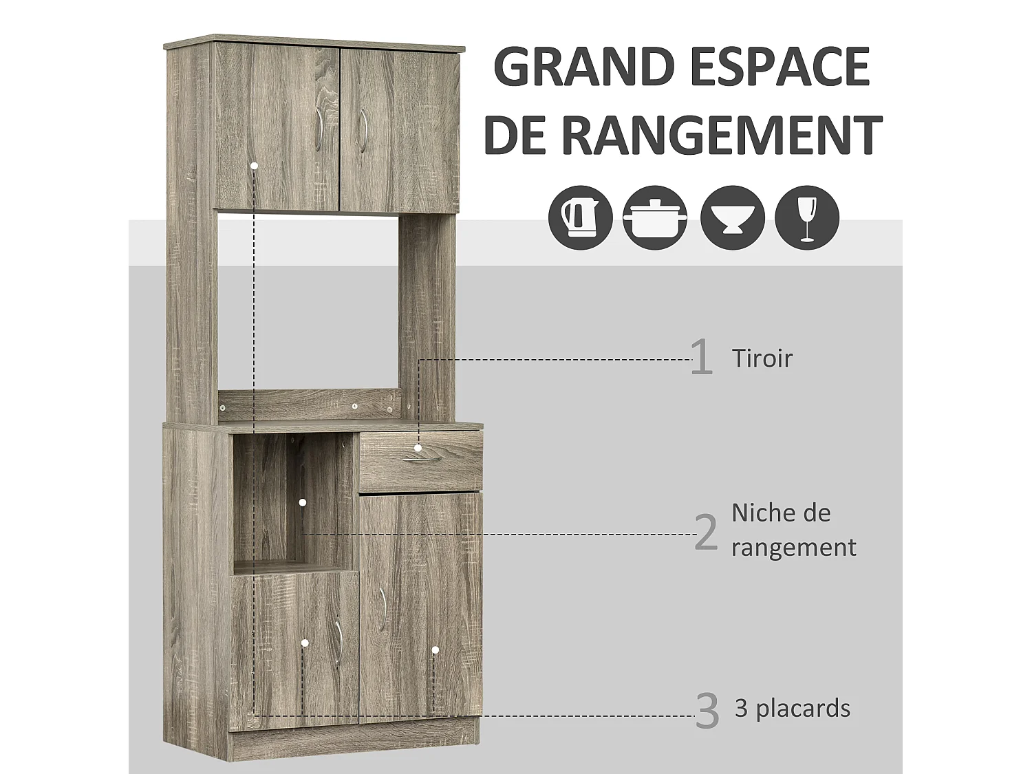 HOMCOM Armoire de cuisine multi-rangements 3 placards 2 niches tiroir panneaux particules classe E1 aspect chêne gris
