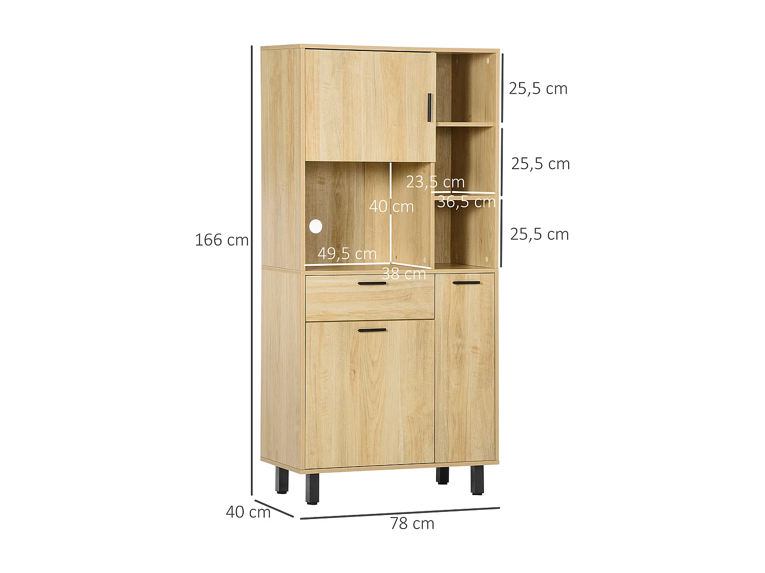 Buffet haut - armoire de cuisine multi-rangement - 3 portes, 4 niches, tiroir - piètement métal noir panneaux particules aspect bois clair