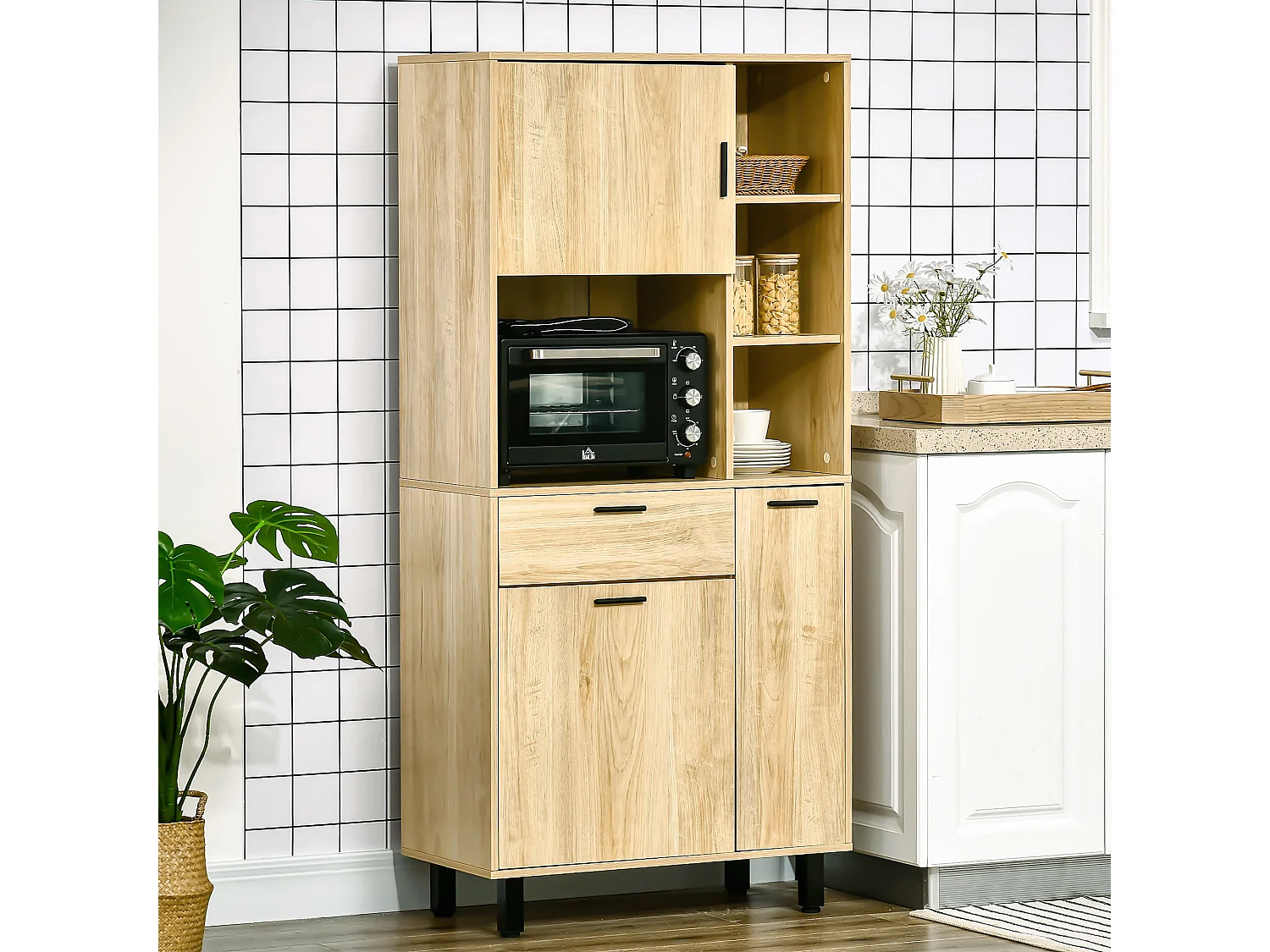 Buffet haut - armoire de cuisine multi-rangement - 3 portes, 4 niches, tiroir - piètement métal noir panneaux particules aspect bois clair