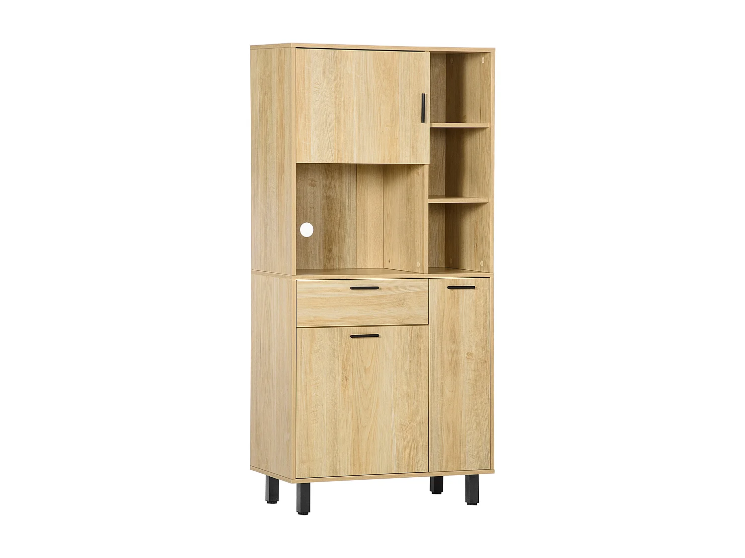 Buffet haut - armoire de cuisine multi-rangement - 3 portes, 4 niches, tiroir - piètement métal noir panneaux particules aspect bois clair