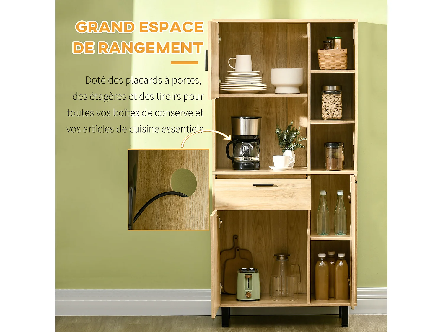 Buffet haut - armoire de cuisine multi-rangement - 3 portes, 4 niches, tiroir - piètement métal noir panneaux particules aspect bois clair