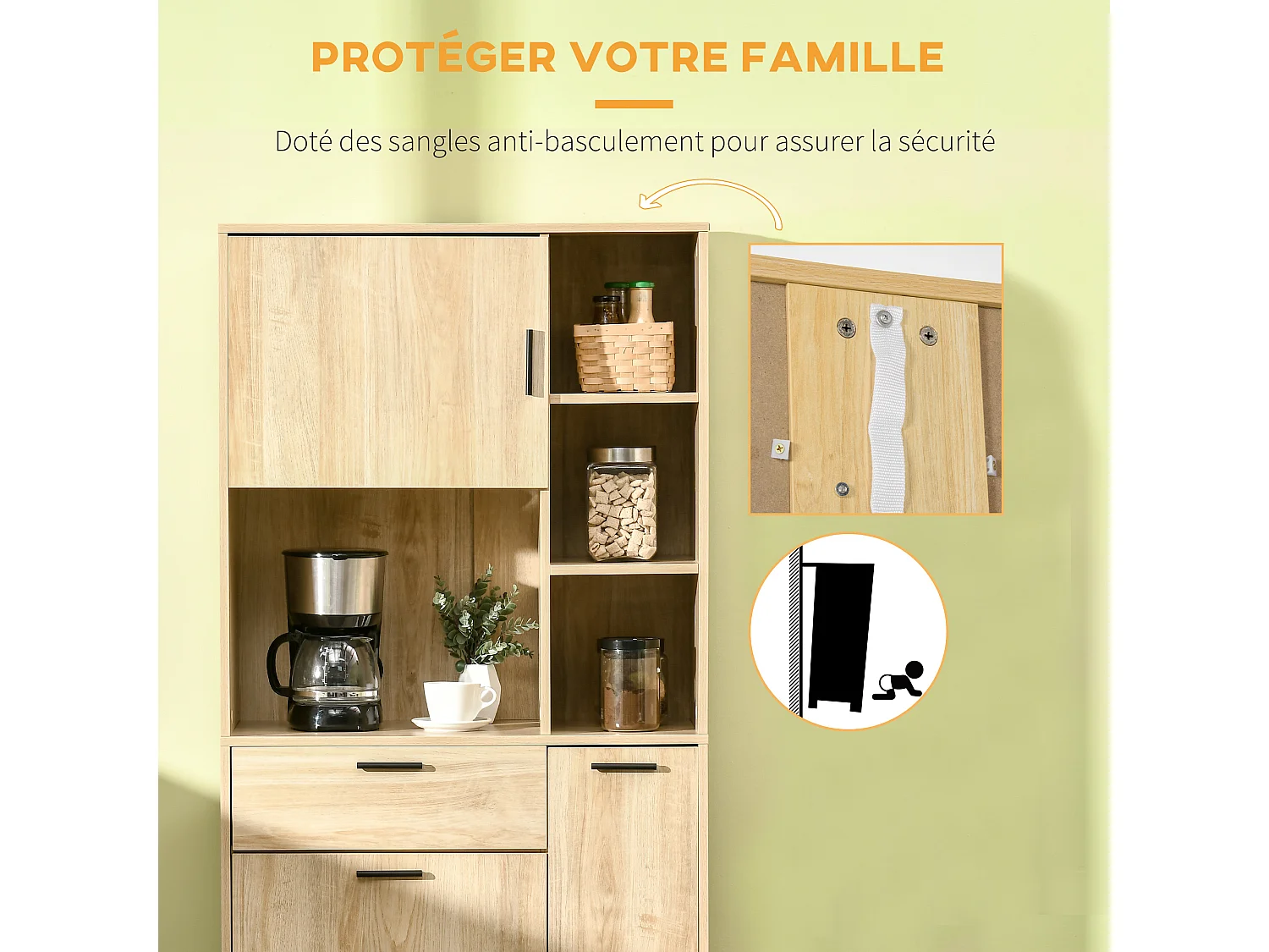 Buffet haut - armoire de cuisine multi-rangement - 3 portes, 4 niches, tiroir - piètement métal noir panneaux particules aspect bois clair