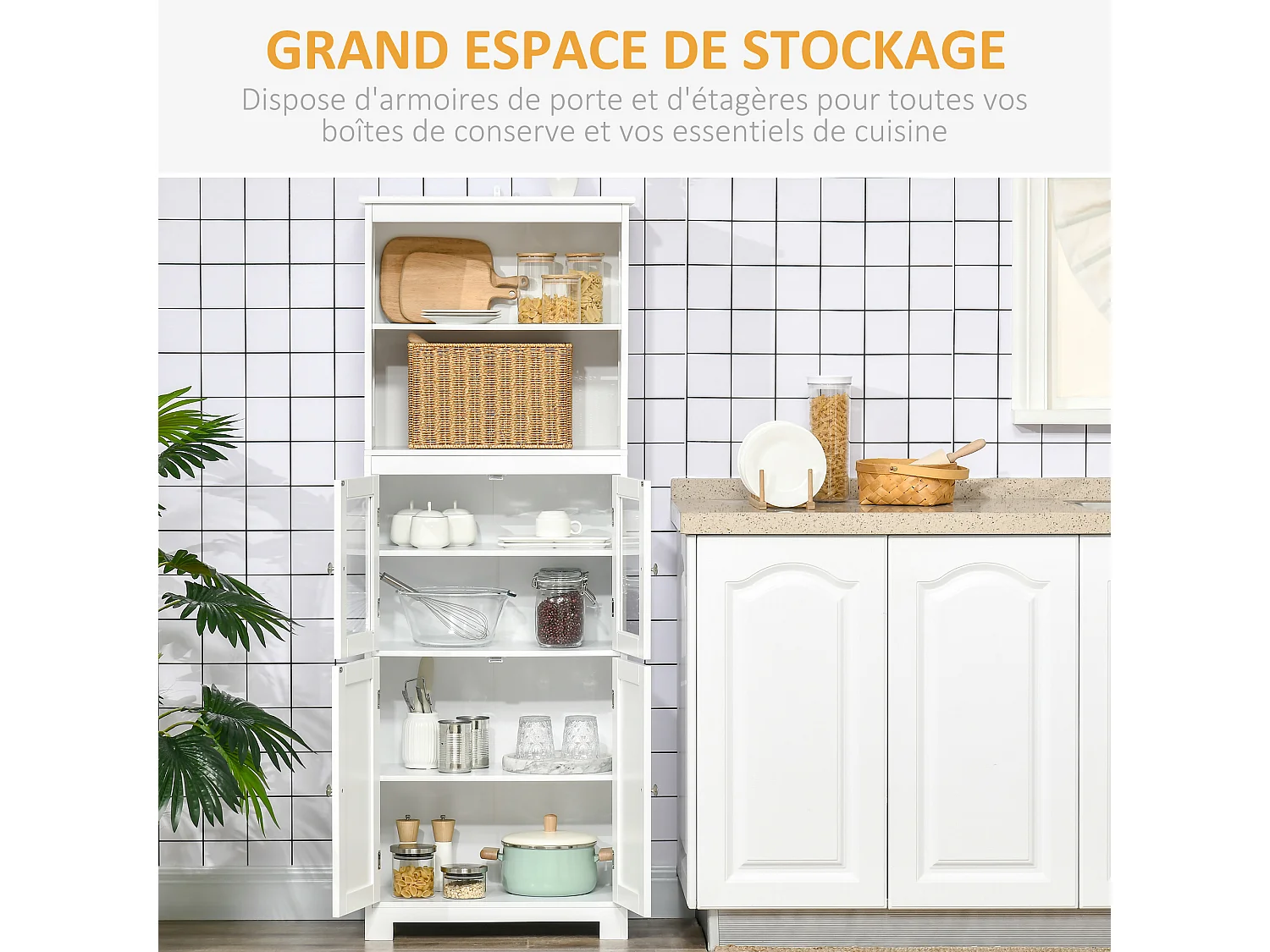 Armoire de cuisine multi-rangements 4 portes avec étagères 2 niches grand plateau MDF blanc