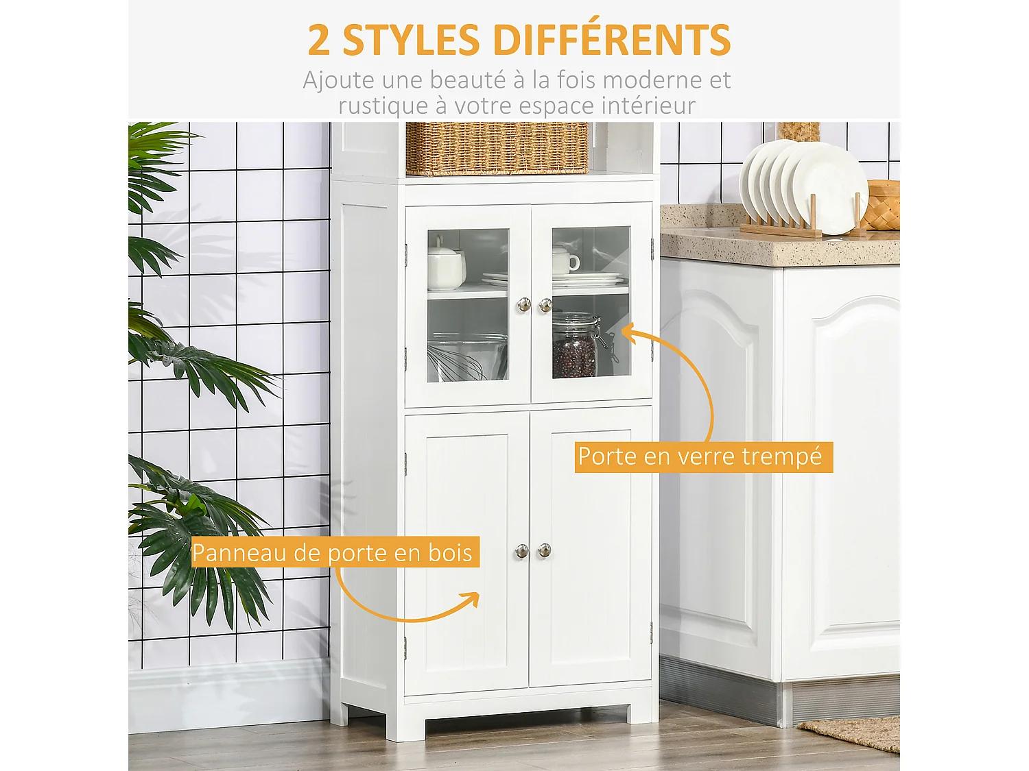 Armoire de cuisine multi-rangements 4 portes avec étagères 2 niches grand plateau MDF blanc