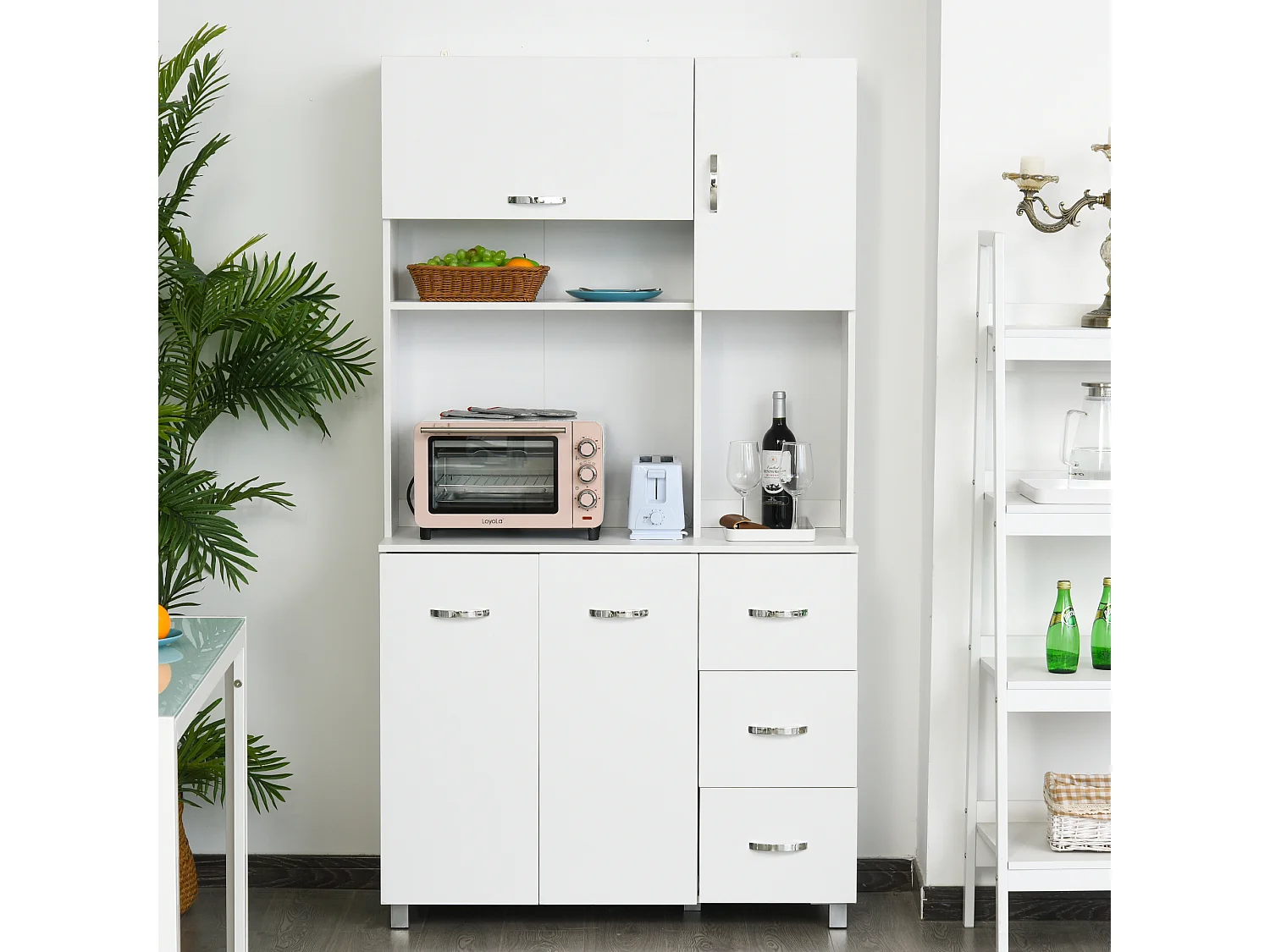 HOMCOM Armoire de cuisine multi-rangements 4 portes 3 tiroirs étagère + grand plateau 100L x 39l x 183H cm MDF blanc