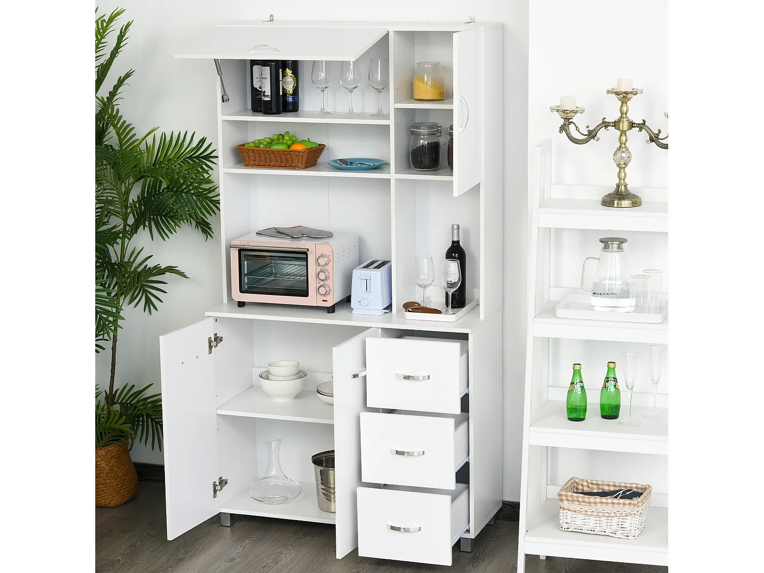 HOMCOM Armoire de cuisine multi-rangements 4 portes 3 tiroirs étagère + grand plateau 100L x 39l x 183H cm MDF blanc