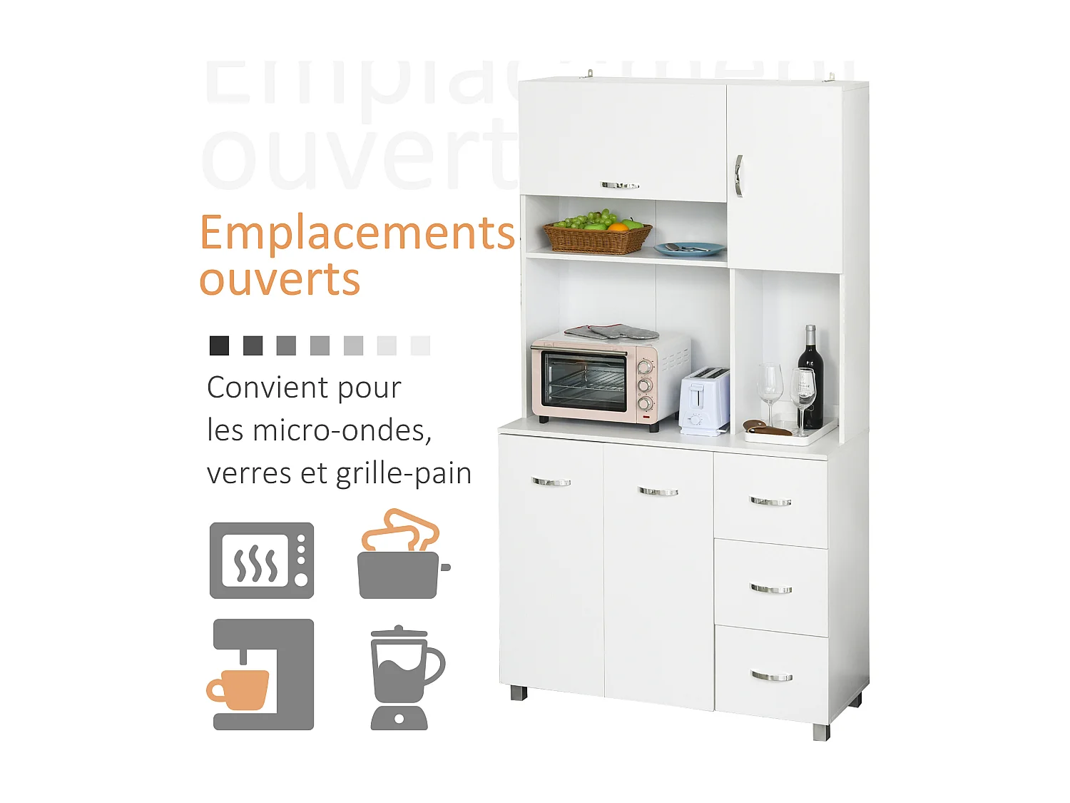 HOMCOM Armoire de cuisine multi-rangements 4 portes 3 tiroirs étagère + grand plateau 100L x 39l x 183H cm MDF blanc