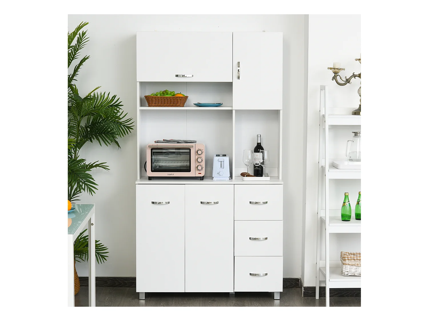 HOMCOM Armoire de cuisine multi-rangements 4 portes 3 tiroirs étagère + grand plateau 100L x 39l x 183H cm MDF blanc