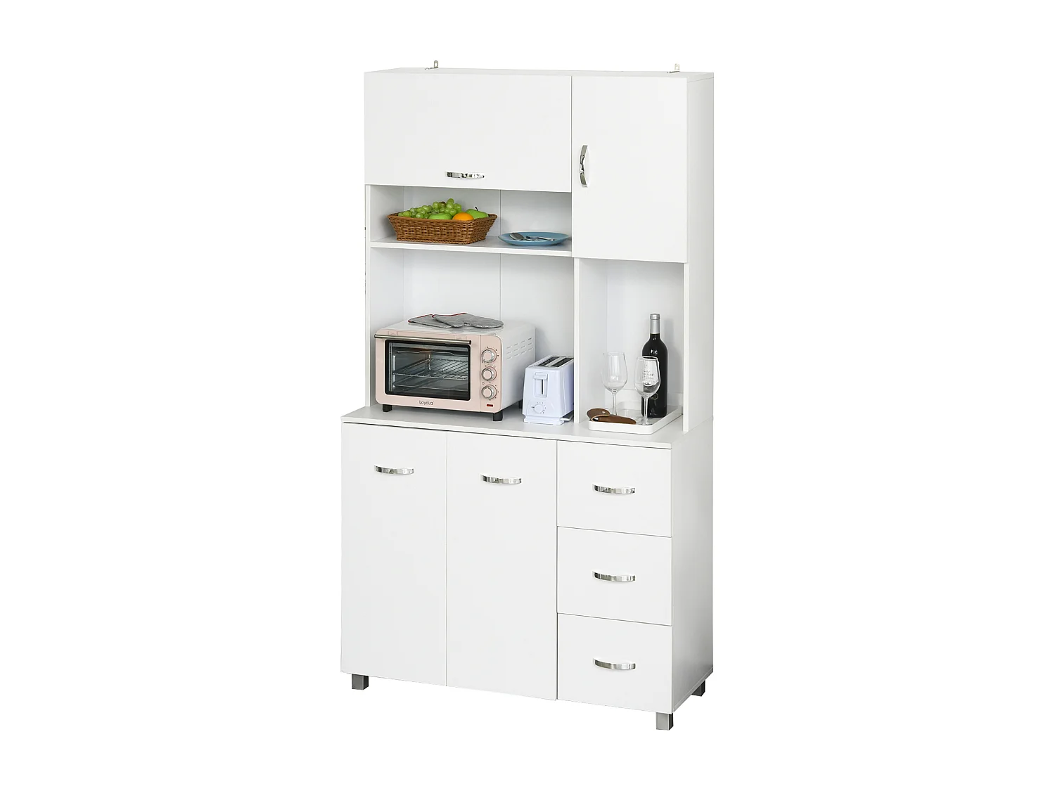 HOMCOM Armoire de cuisine multi-rangements 4 portes 3 tiroirs étagère + grand plateau 100L x 39l x 183H cm MDF blanc