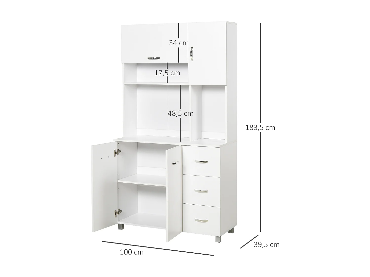 HOMCOM Armoire de cuisine multi-rangements 4 portes 3 tiroirs étagère + grand plateau 100L x 39l x 183H cm MDF blanc