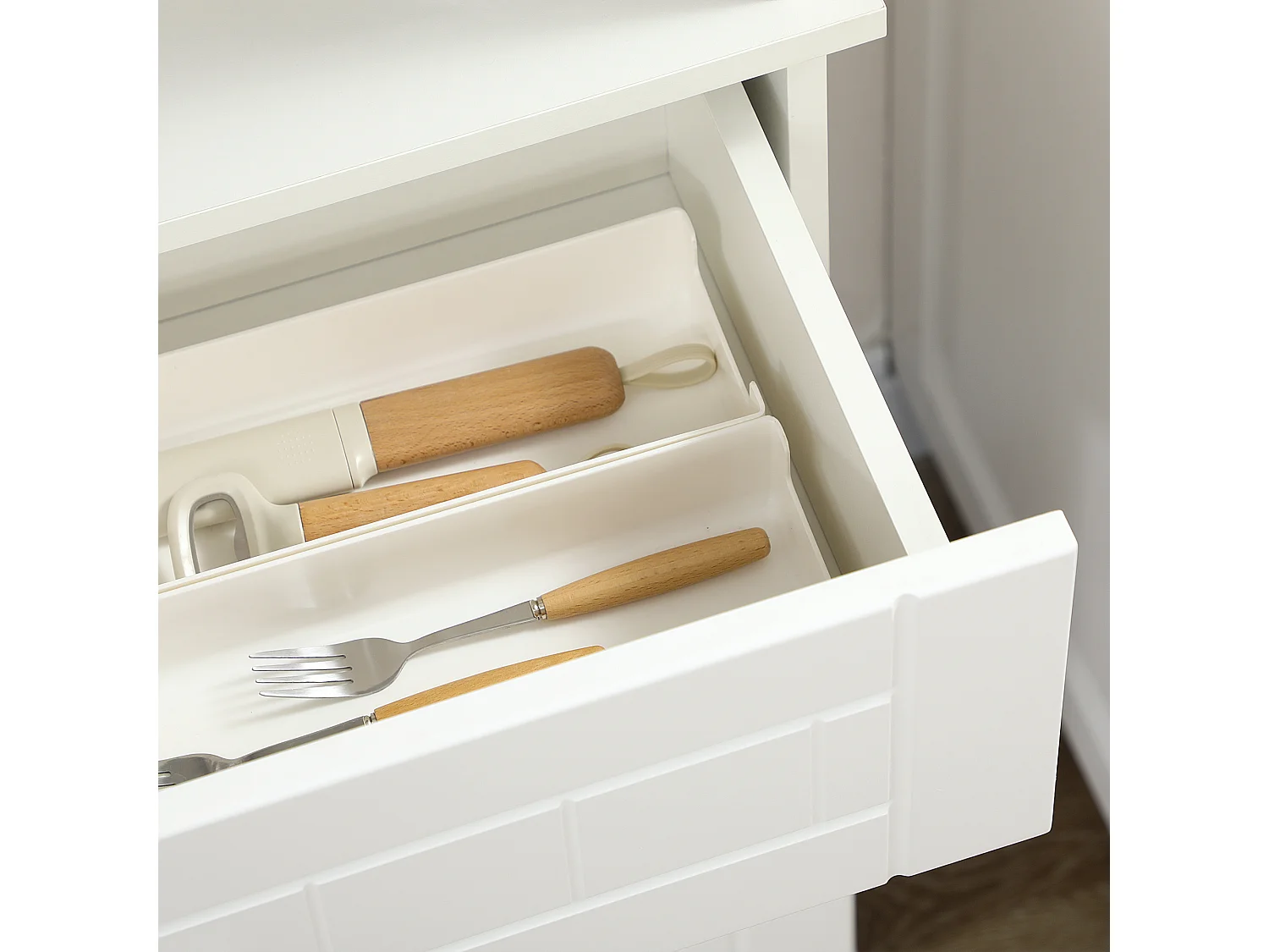 Armoire de cuisine contemporaine multi-rangement 4 portes tiroir coulissant et grand plateau dim. 74L x 39l x 183H cm panneaux particules MDF blanc