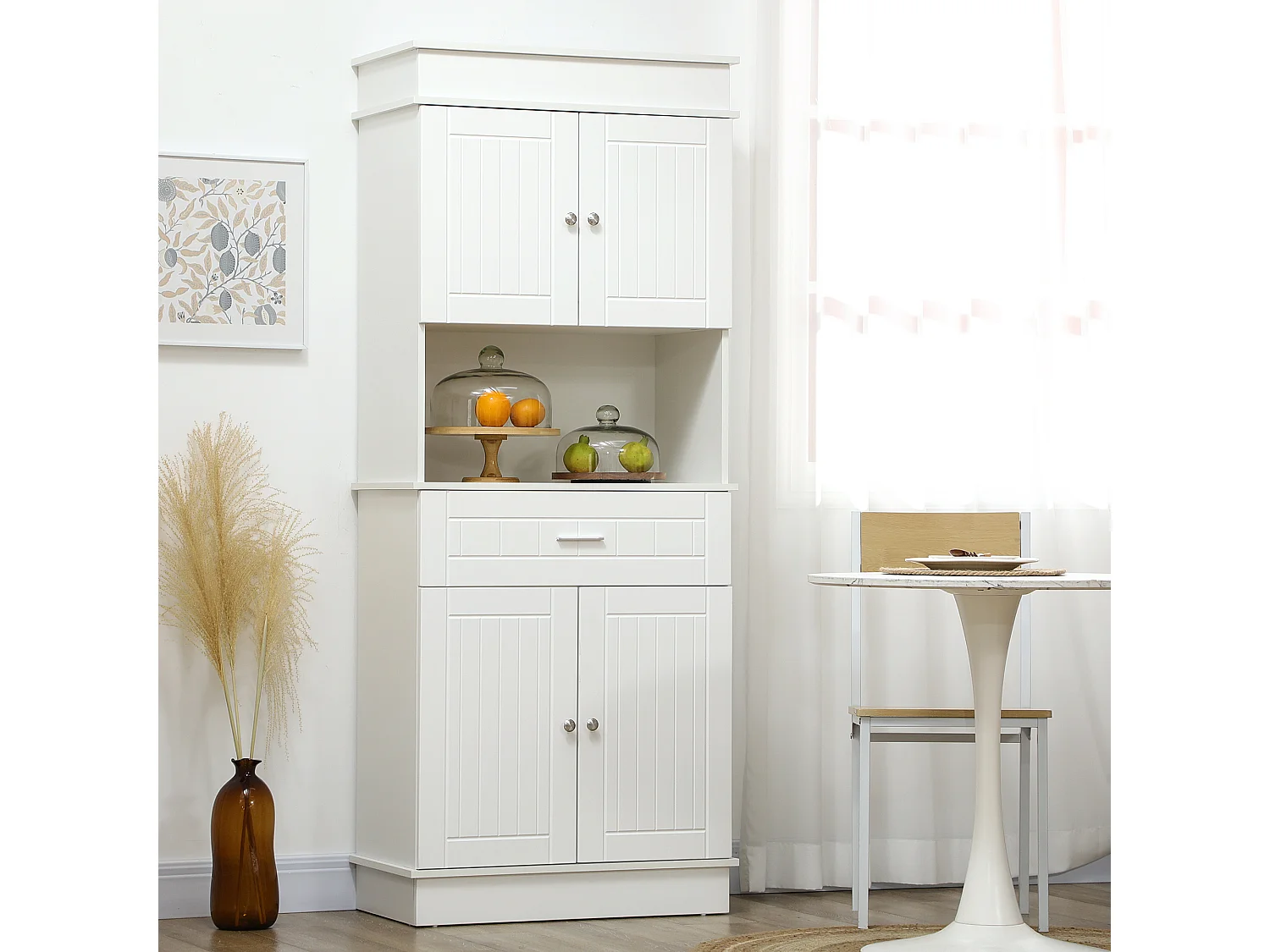 Armoire de cuisine contemporaine multi-rangement 4 portes tiroir coulissant et grand plateau dim. 74L x 39l x 183H cm panneaux particules MDF blanc