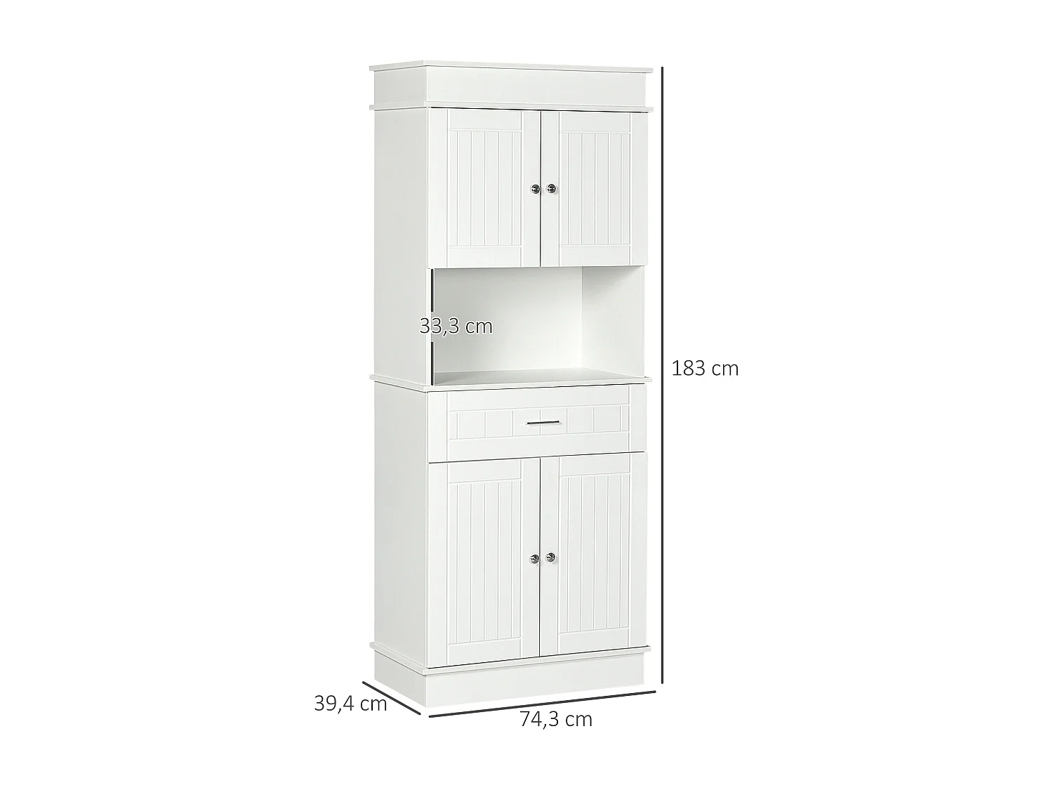 Armoire de cuisine contemporaine multi-rangement 4 portes tiroir coulissant et grand plateau dim. 74L x 39l x 183H cm panneaux particules MDF blanc