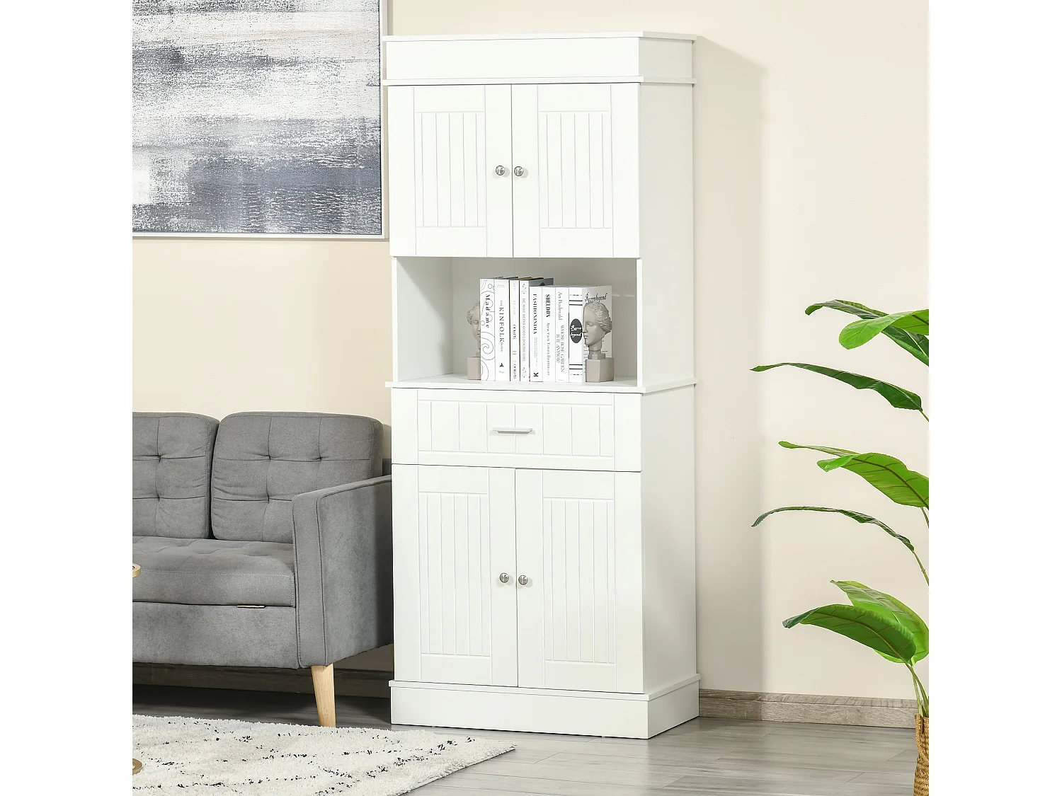 Armoire de cuisine contemporaine multi-rangement 4 portes tiroir coulissant et grand plateau dim. 74L x 39l x 183H cm panneaux particules MDF blanc