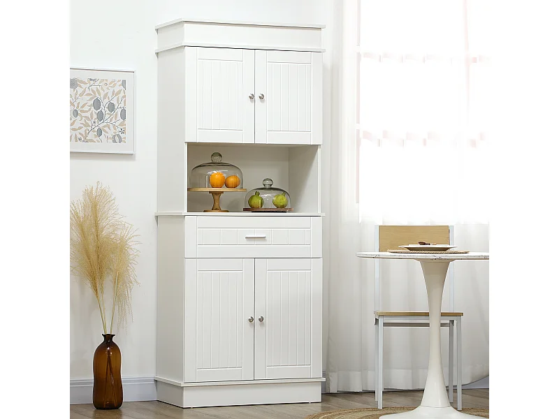 Armoire de cuisine contemporaine multi-rangement 4 portes tiroir coulissant et grand plateau dim. 74L x 39l x 183H cm panneaux particules MDF blanc