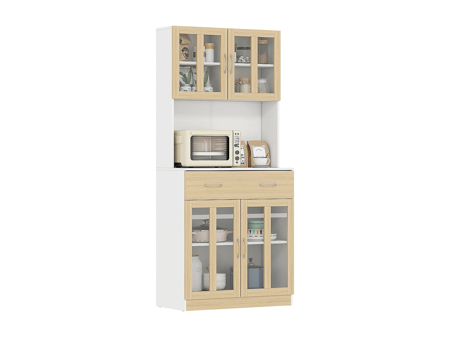 Buffet haut multi-rangement 4 portes vitrine verre avec étagère tiroir coulissant grand plateau panneaux particules blanc aspect chêne clair