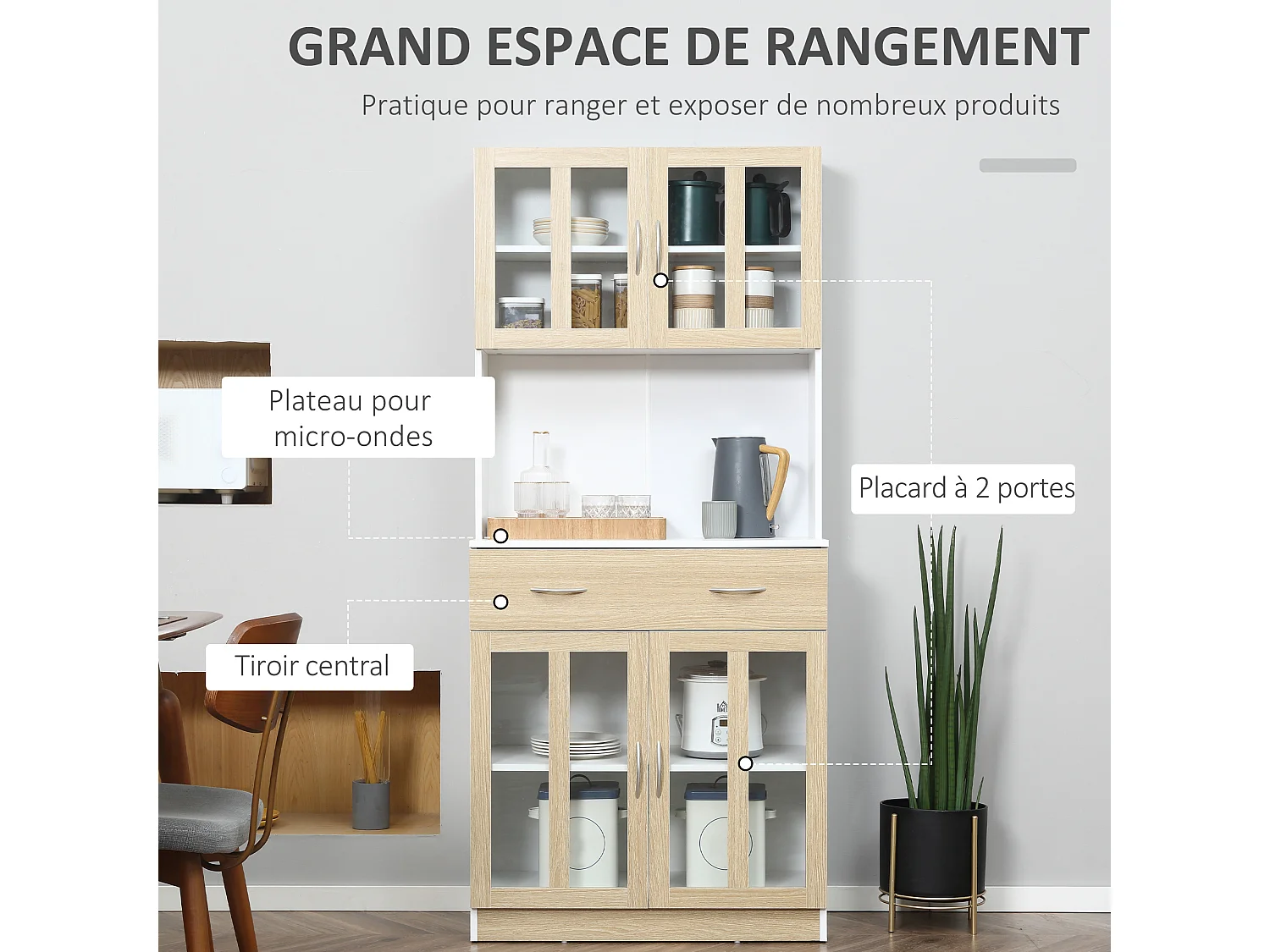 Buffet haut multi-rangement 4 portes vitrine verre avec étagère tiroir coulissant grand plateau panneaux particules blanc aspect chêne clair