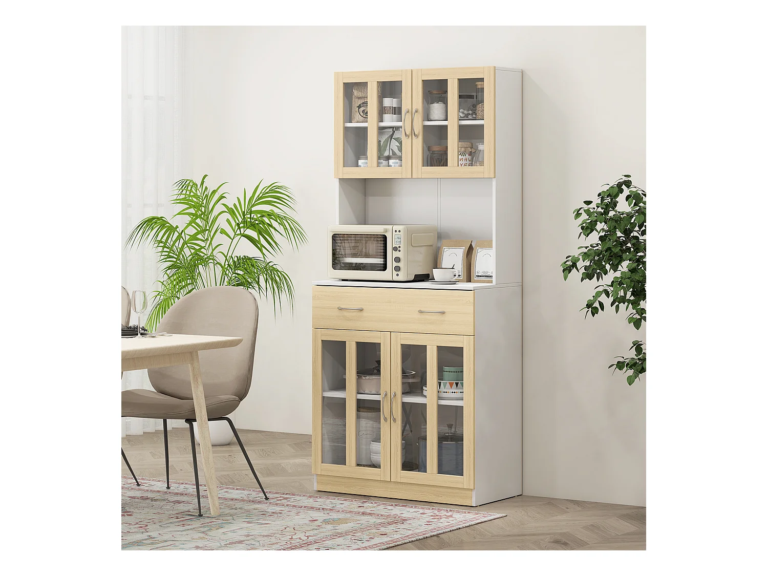 Buffet haut multi-rangement 4 portes vitrine verre avec étagère tiroir coulissant grand plateau panneaux particules blanc aspect chêne clair