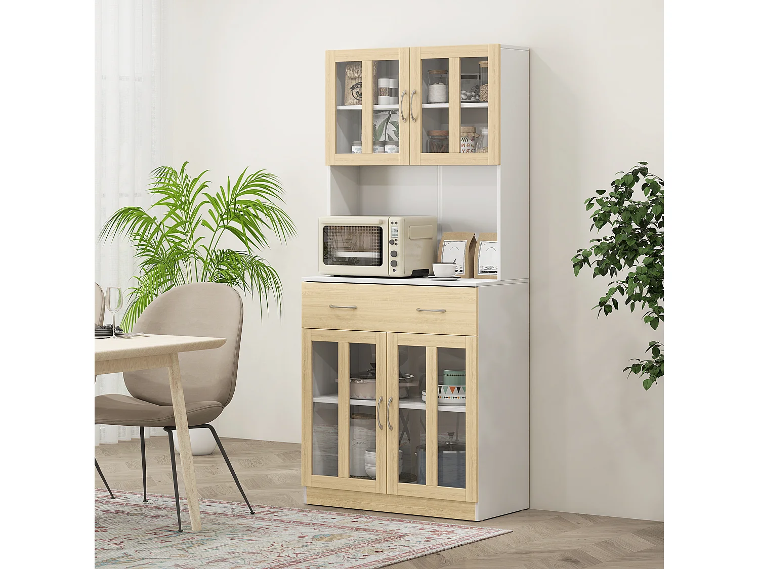 Buffet haut multi-rangement 4 portes vitrine verre avec étagère tiroir coulissant grand plateau panneaux particules blanc aspect chêne clair