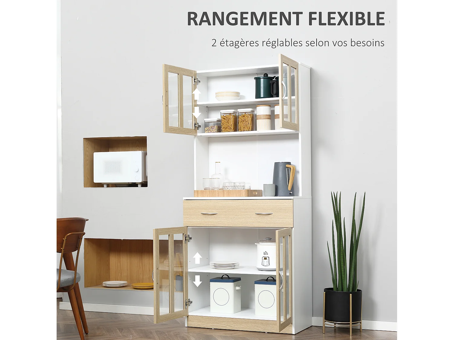 Buffet haut multi-rangement 4 portes vitrine verre avec étagère tiroir coulissant grand plateau panneaux particules blanc aspect chêne clair