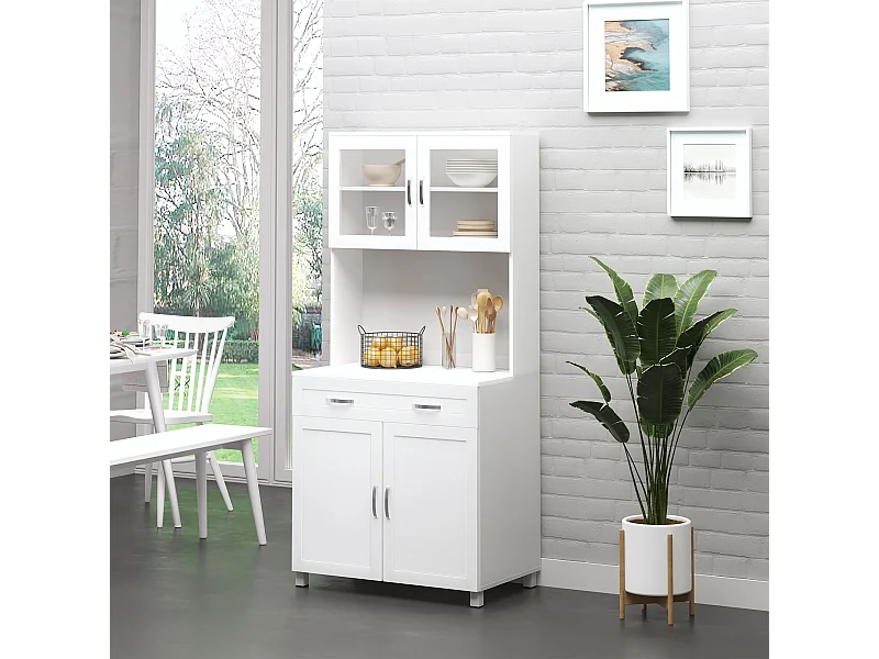 HOMCOM Armoire de cuisine contemporaine multi-rangement 2 placards portes grand tiroir coulissant panneaux MDF blanc