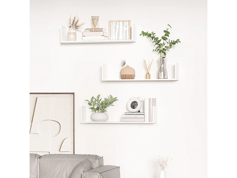 Lot de 3 étagères murales flottantes - dim. 80L x 18l x 18H cm - kit complet de fixation inclus - MDF grain de bois blanc