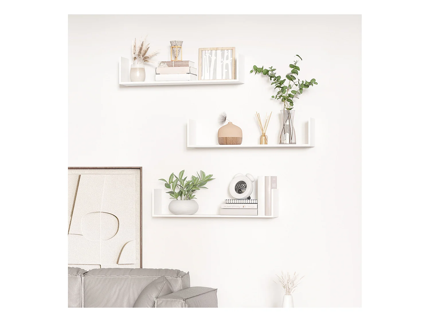 Lot de 3 étagères murales flottantes - dim. 80L x 18l x 18H cm - kit complet de fixation inclus - MDF grain de bois blanc