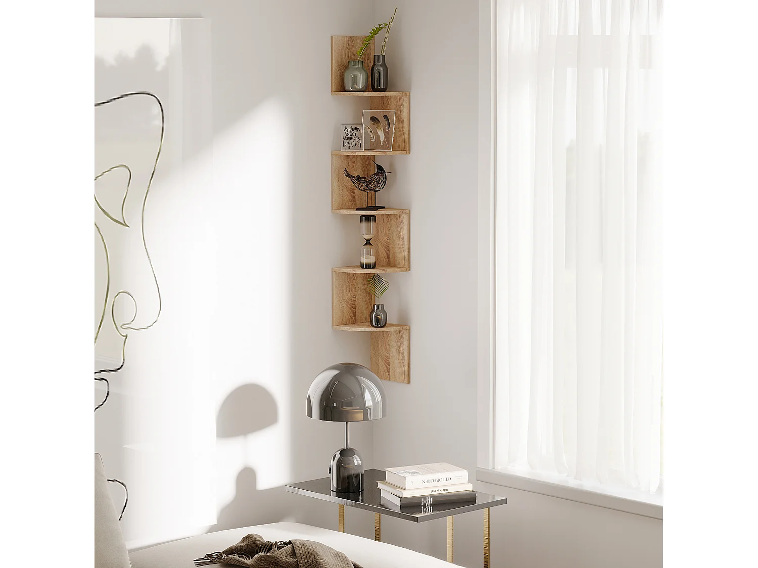 Étagère d'angle étagère de rangement design contemporain zig zag 20L x 20l x 126H cm 5 niveaux panneaux de particules chêne clair