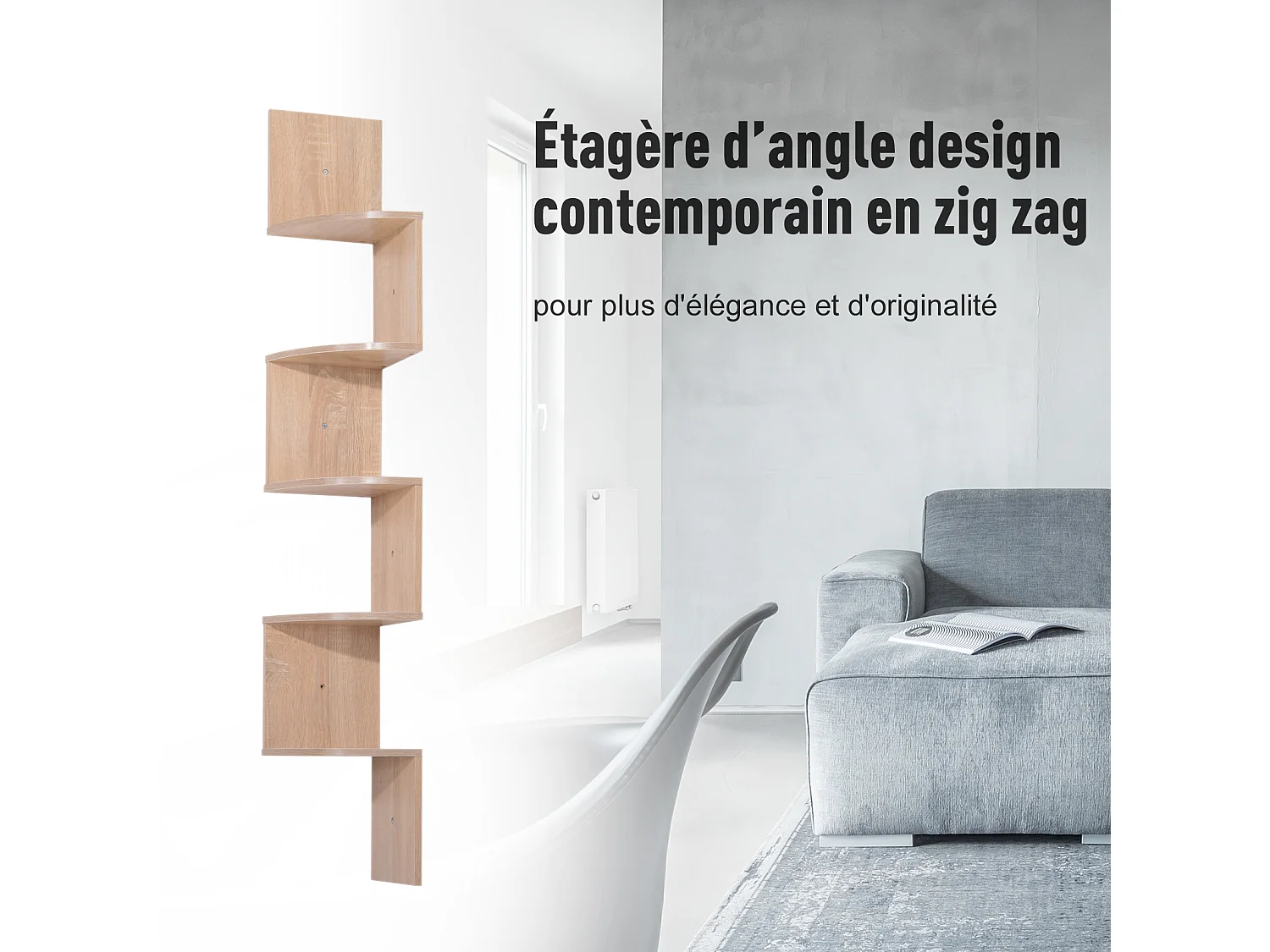 Étagère d'angle étagère de rangement design contemporain zig zag 20L x 20l x 126H cm 5 niveaux panneaux de particules chêne clair