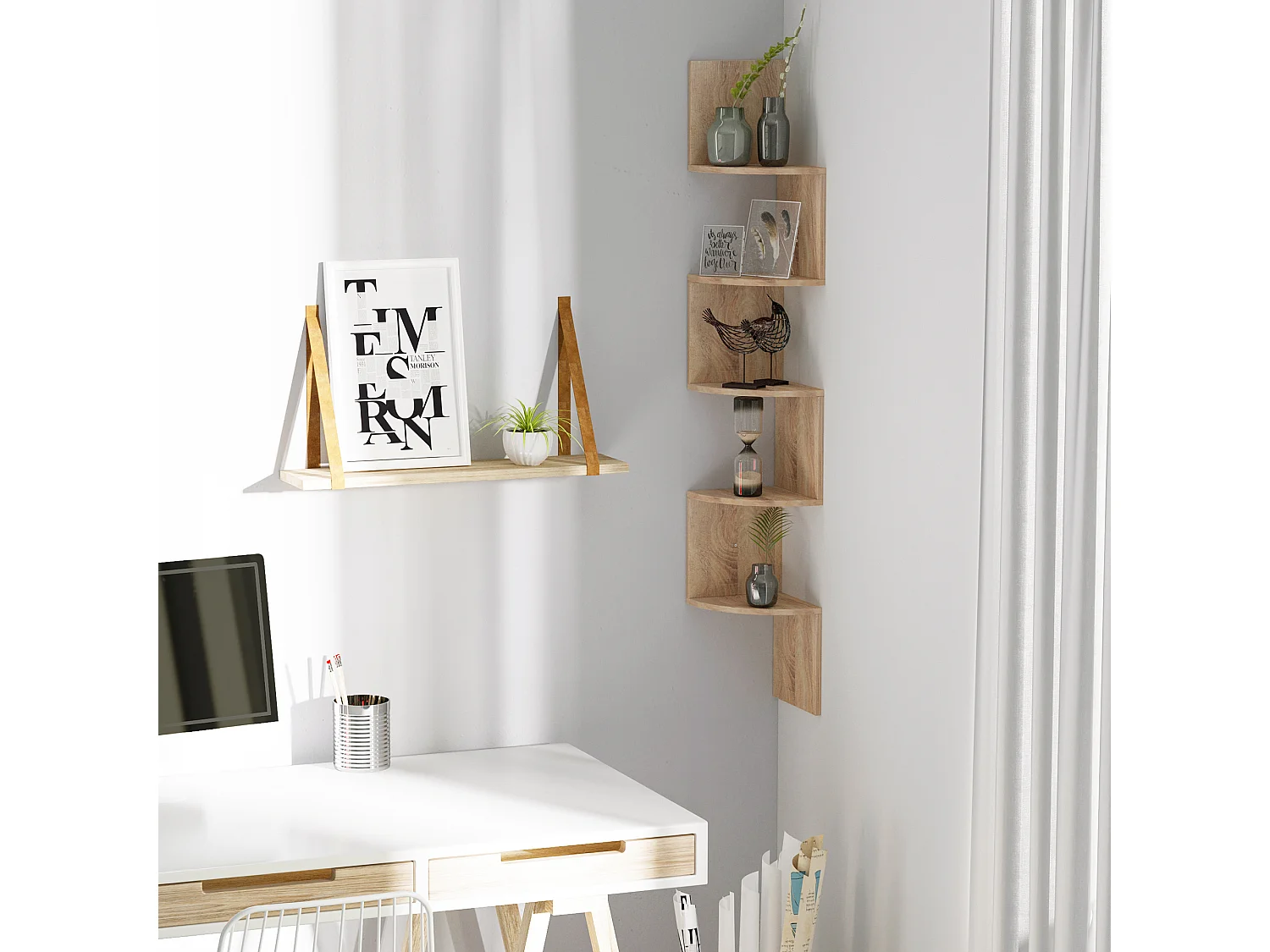 Étagère d'angle étagère de rangement design contemporain zig zag 20L x 20l x 126H cm 5 niveaux panneaux de particules chêne clair