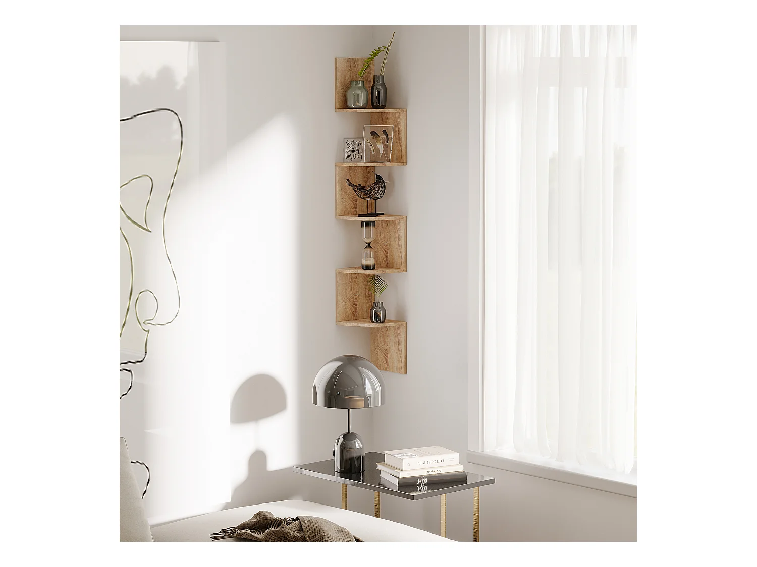 Étagère d'angle étagère de rangement design contemporain zig zag 20L x 20l x 126H cm 5 niveaux panneaux de particules chêne clair