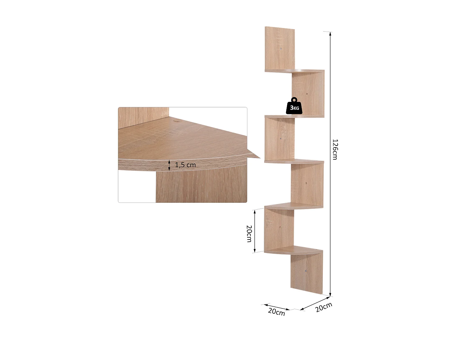 Étagère d'angle étagère de rangement design contemporain zig zag 20L x 20l x 126H cm 5 niveaux panneaux de particules chêne clair