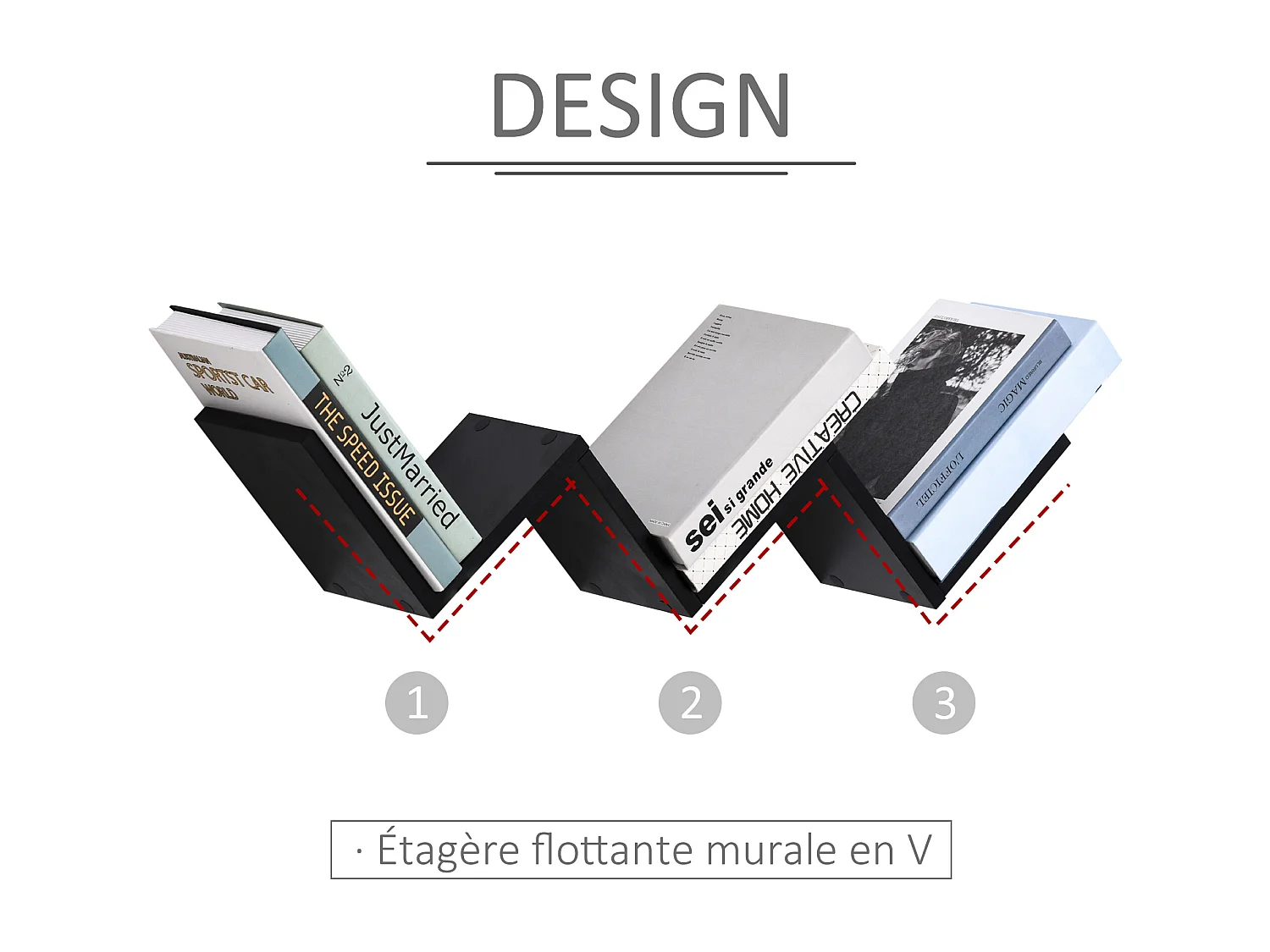HOMCOM Etagères murale flottante - design contemporain en V - kit fixation inclus - panneaux particules noir