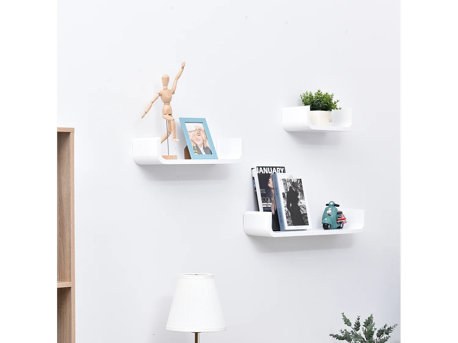 HOMCOM Lot de 3 étagères murales flottantes design contemporain courbé kit fixation inclus MDF blanc