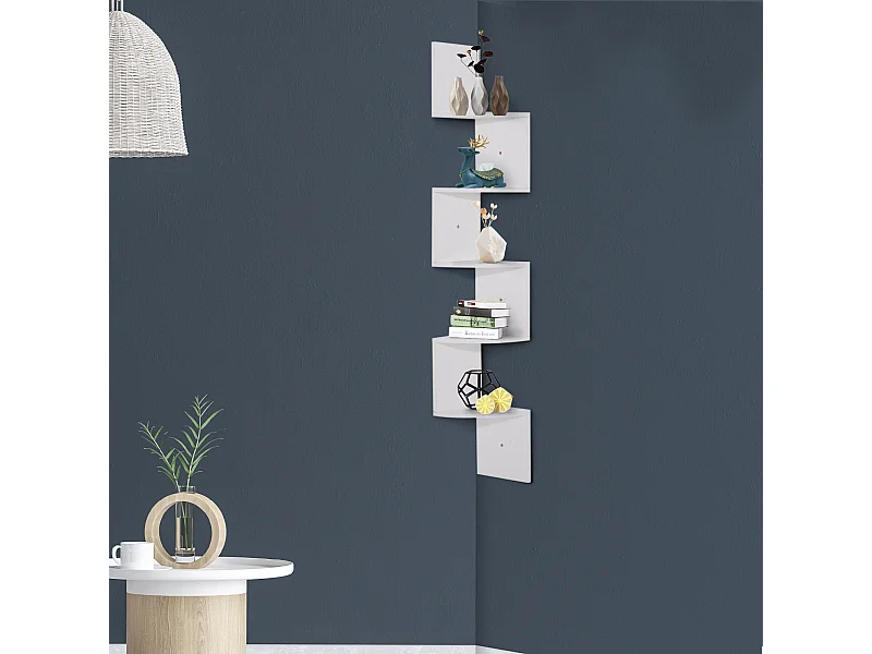 Étagère d'angle étagère de rangement design contemporain zig zag 20L x 20l x 126H cm 5 niveaux panneaux de particules blanc