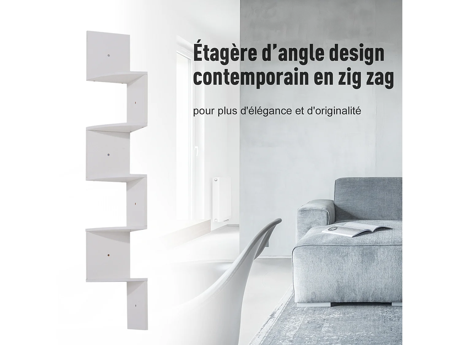 Étagère d'angle étagère de rangement design contemporain zig zag 20L x 20l x 126H cm 5 niveaux panneaux de particules blanc
