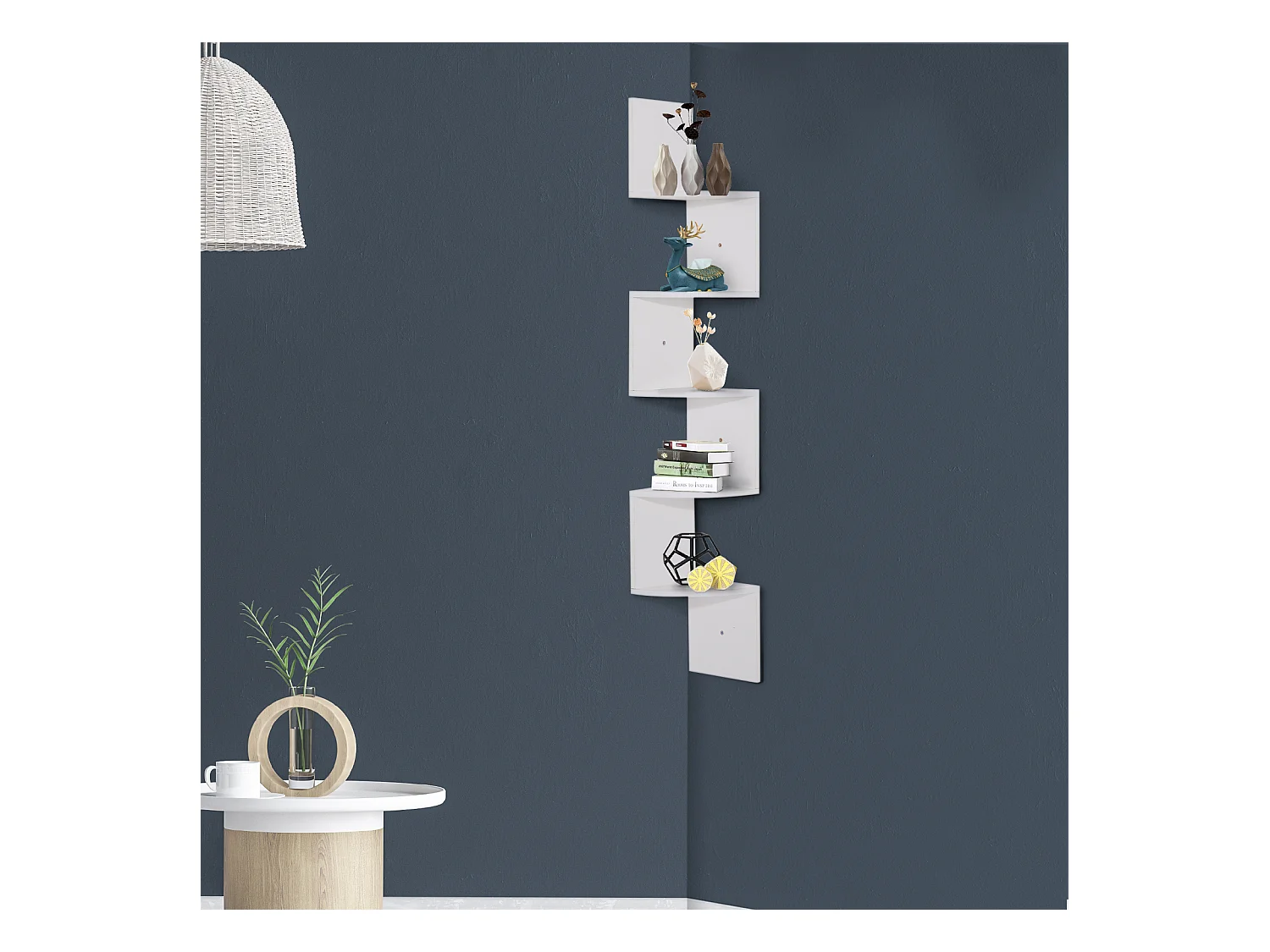 Étagère d'angle étagère de rangement design contemporain zig zag 20L x 20l x 126H cm 5 niveaux panneaux de particules blanc