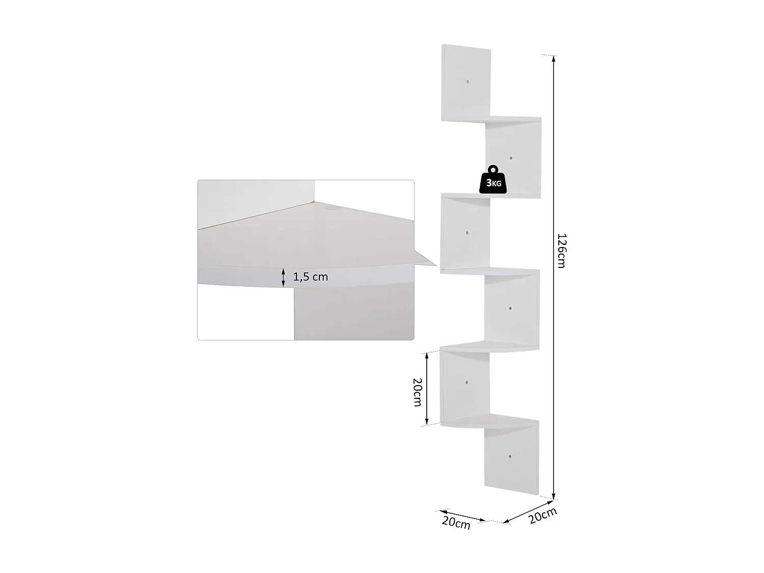 Étagère d'angle étagère de rangement design contemporain zig zag 20L x 20l x 126H cm 5 niveaux panneaux de particules blanc
