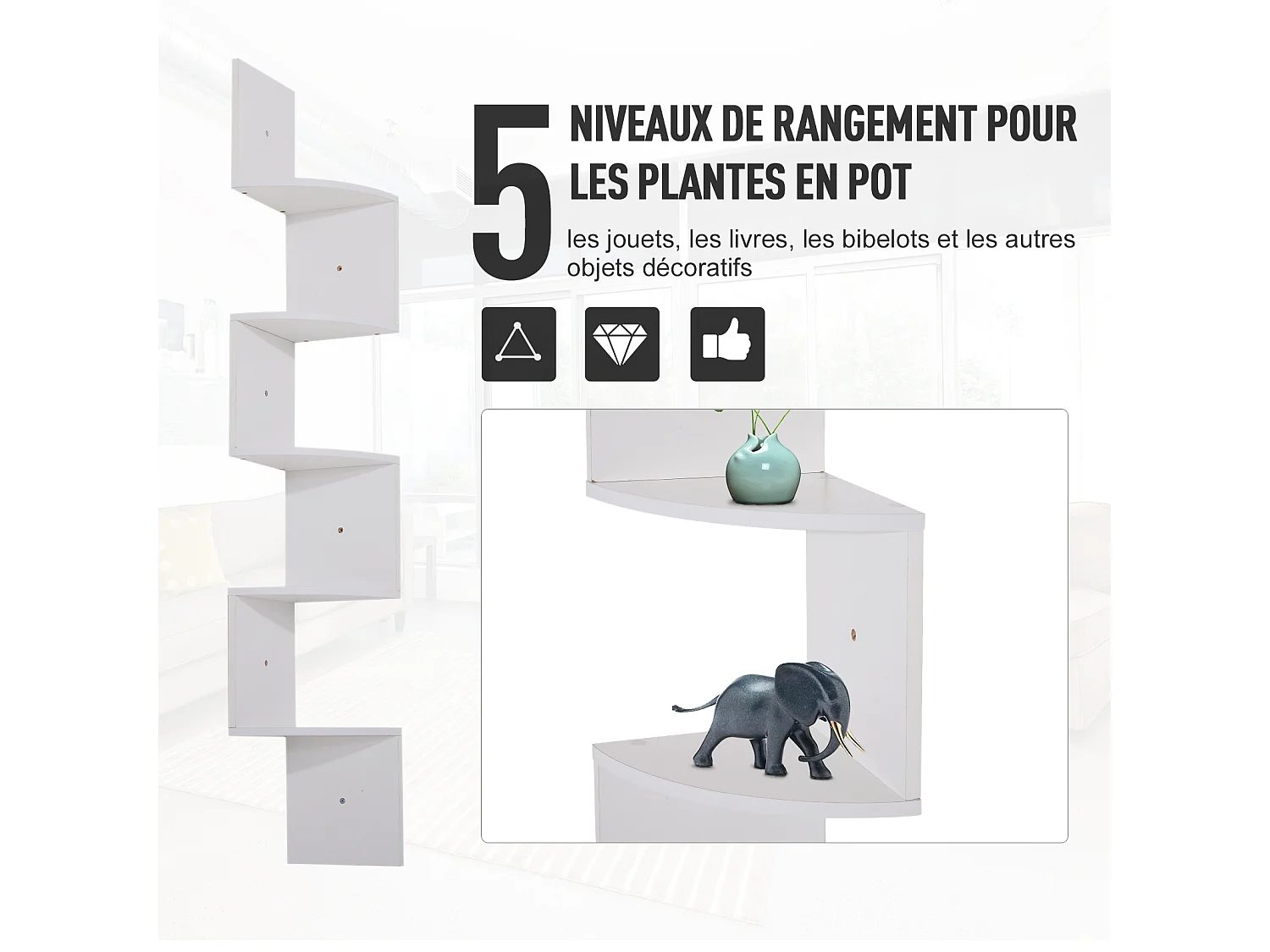 Étagère d'angle étagère de rangement design contemporain zig zag 20L x 20l x 126H cm 5 niveaux panneaux de particules blanc