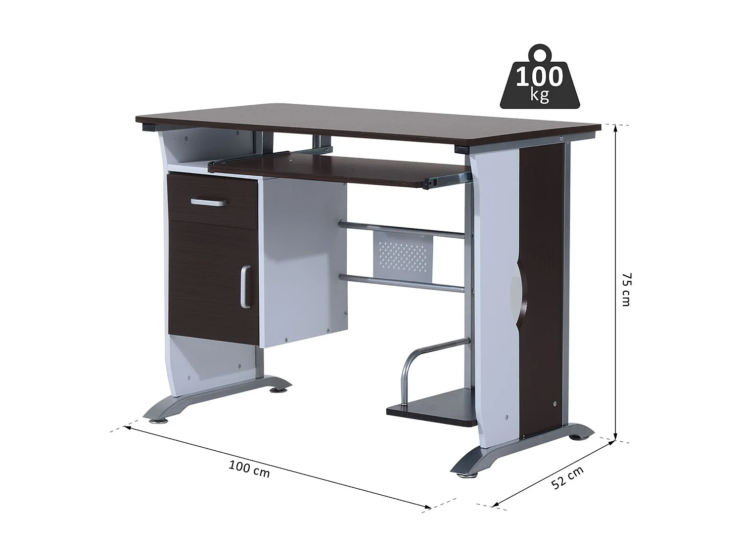 Bureau informatique design 100L x 52l x 75h cm brun noir et blanc