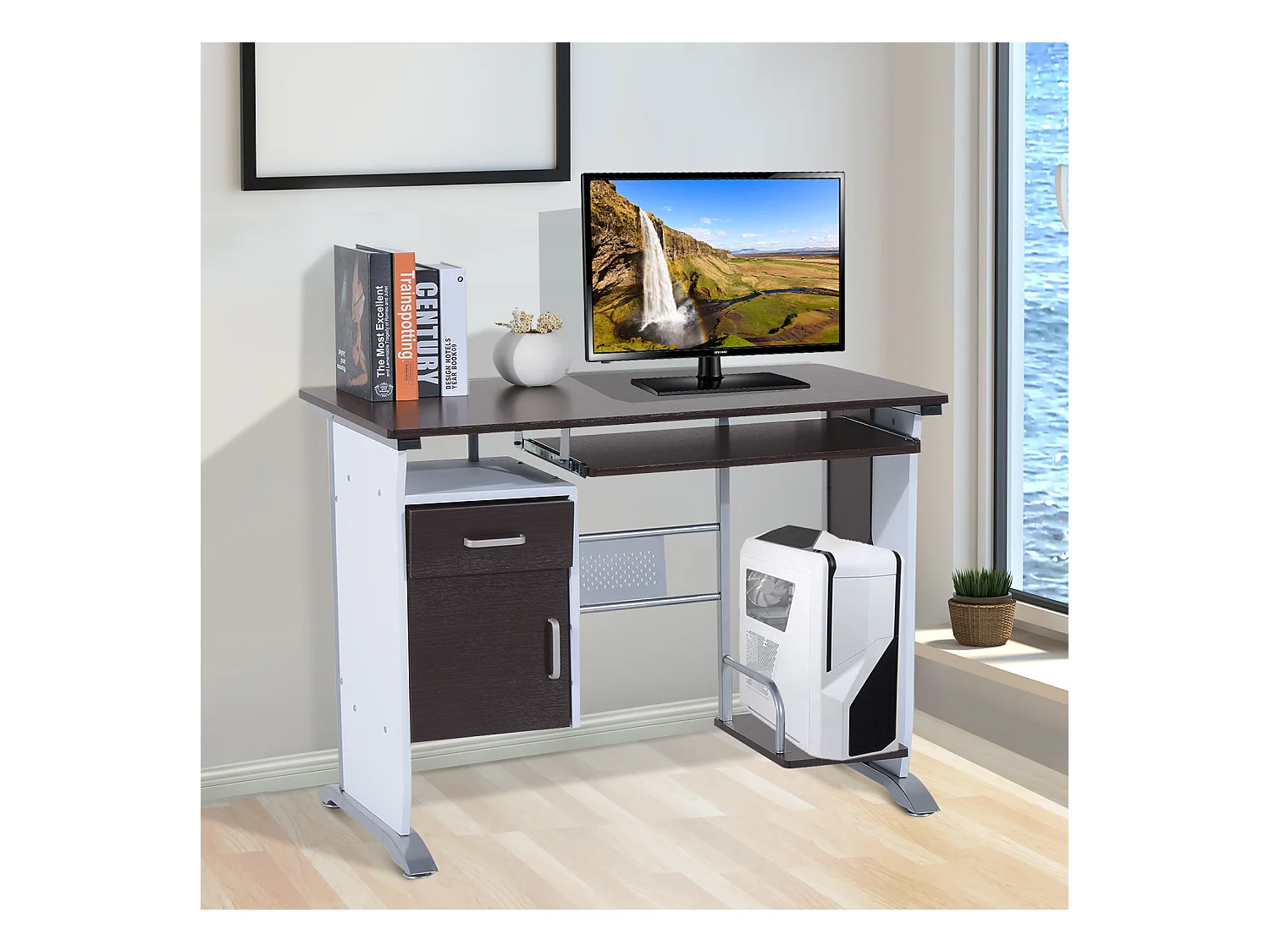 Bureau informatique design 100L x 52l x 75h cm brun noir et blanc