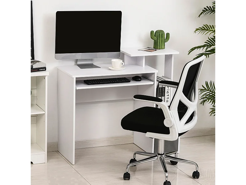 Bureau informatique multimédia étagères tablette clavier panier gris panneaux particules blanc