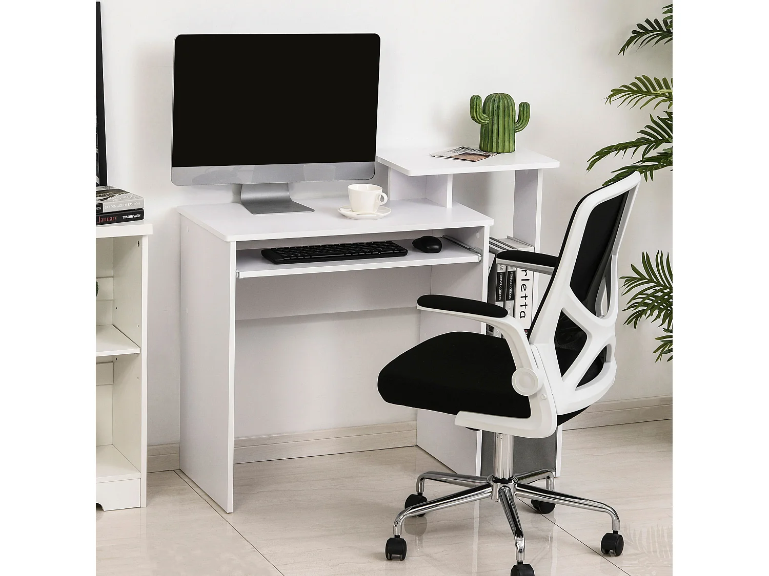 Bureau informatique multimédia étagères tablette clavier panier gris panneaux particules blanc