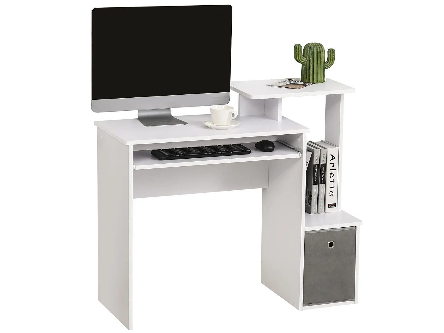 Bureau informatique multimédia étagères tablette clavier panier gris panneaux particules blanc