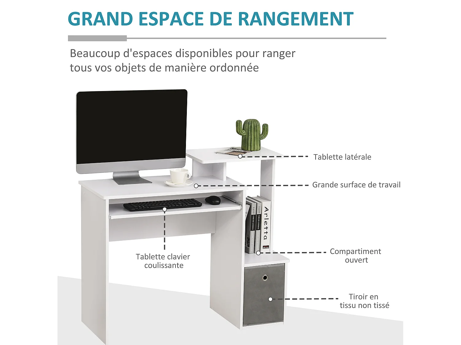 Bureau informatique multimédia étagères tablette clavier panier gris panneaux particules blanc
