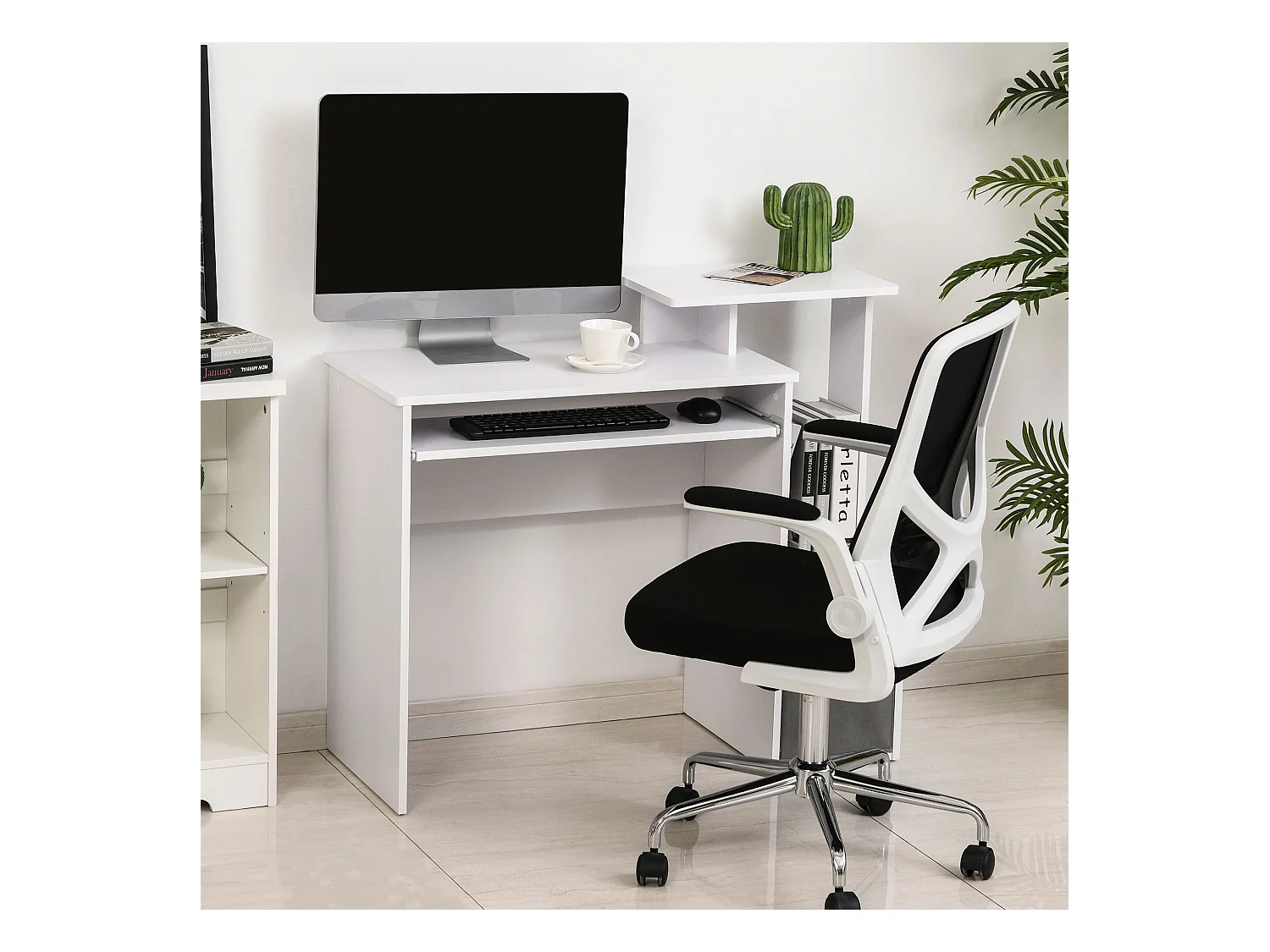 Bureau informatique multimédia étagères tablette clavier panier gris panneaux particules blanc