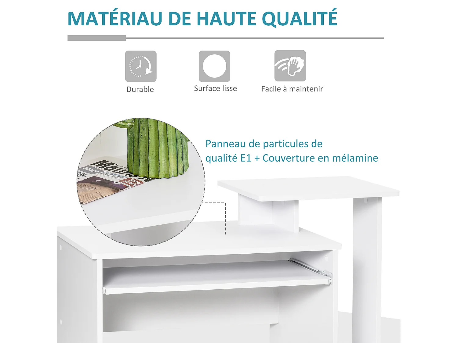 Bureau informatique multimédia étagères tablette clavier panier gris panneaux particules blanc