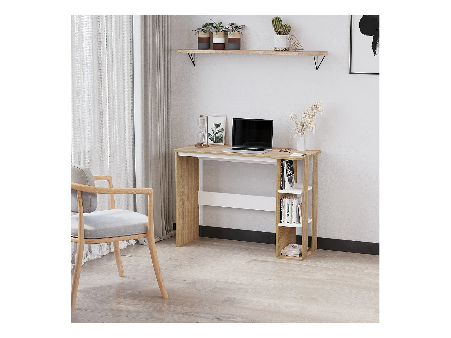 Bureau informatique multimédia dim. 100L x 44l x 74H cm 3 étagères latérales panneaux particules E1 chêne clair blanc